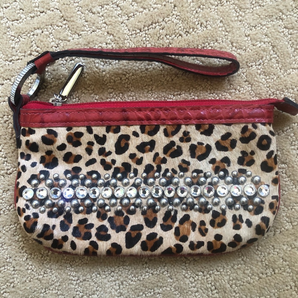 Brighton pouch wristlet, Cheeta/Red leather